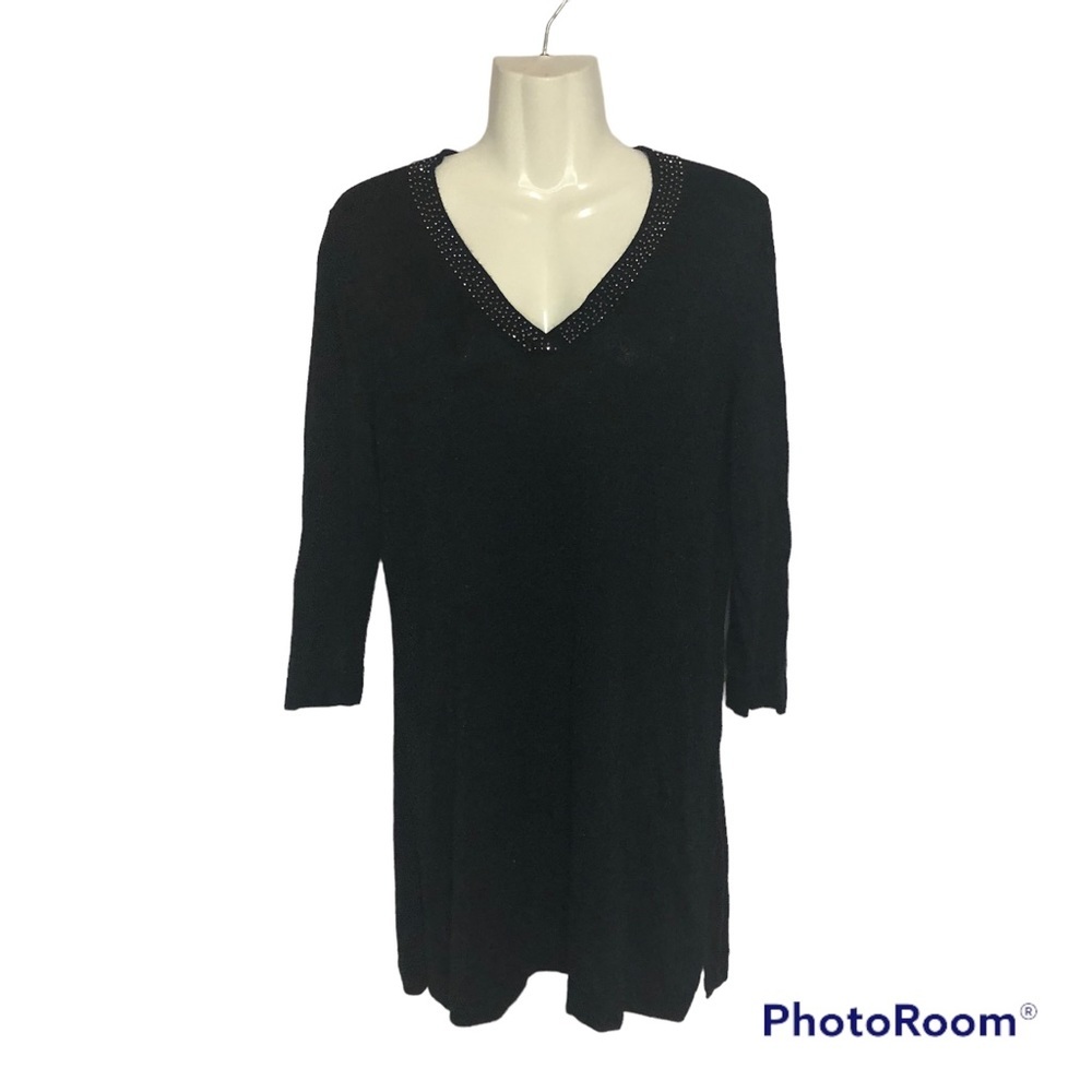 Nygard Women’s Sweater Dress Black Silver Metallic Rhinestone V Neck Size L
